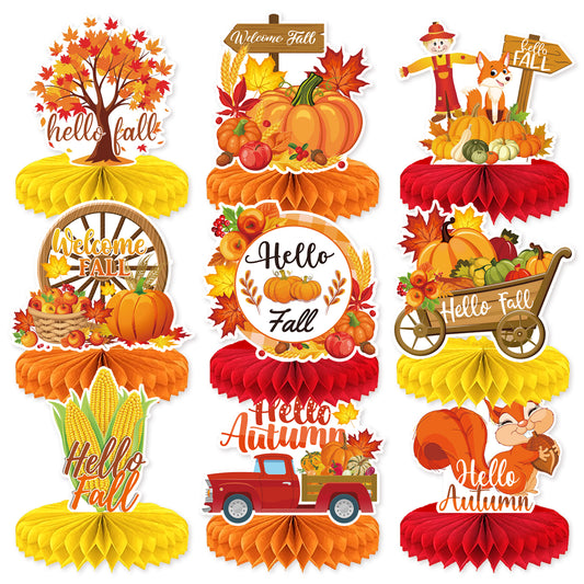 Fall Thanksgiving Table Decorations, Autumn Honeycomb Centerpieces | 9 Pcs 3D Fall Table Centerpieces, Pumpkin Centerpiece, Autumn Harvest Decoration for Thanksgiving Dinner, Home & Office Decor