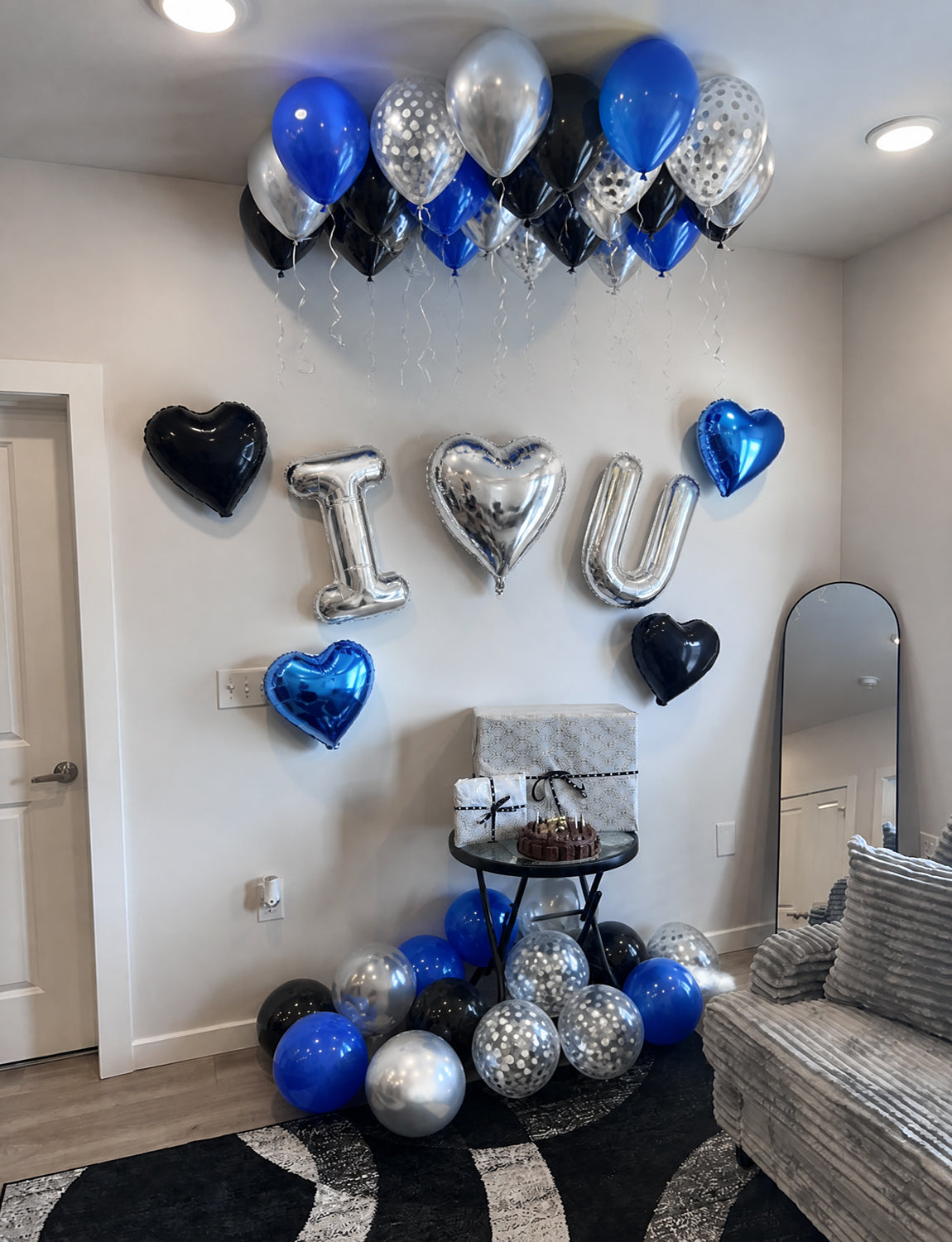 Blue and Black Proposal Decorations Kit - I Love You Balloons with Blue Black Silver Latex Confetti Balloons Heart Foil Balloons, 600Pcs Rose Petals Romantic Decoration Kit for Him/Her