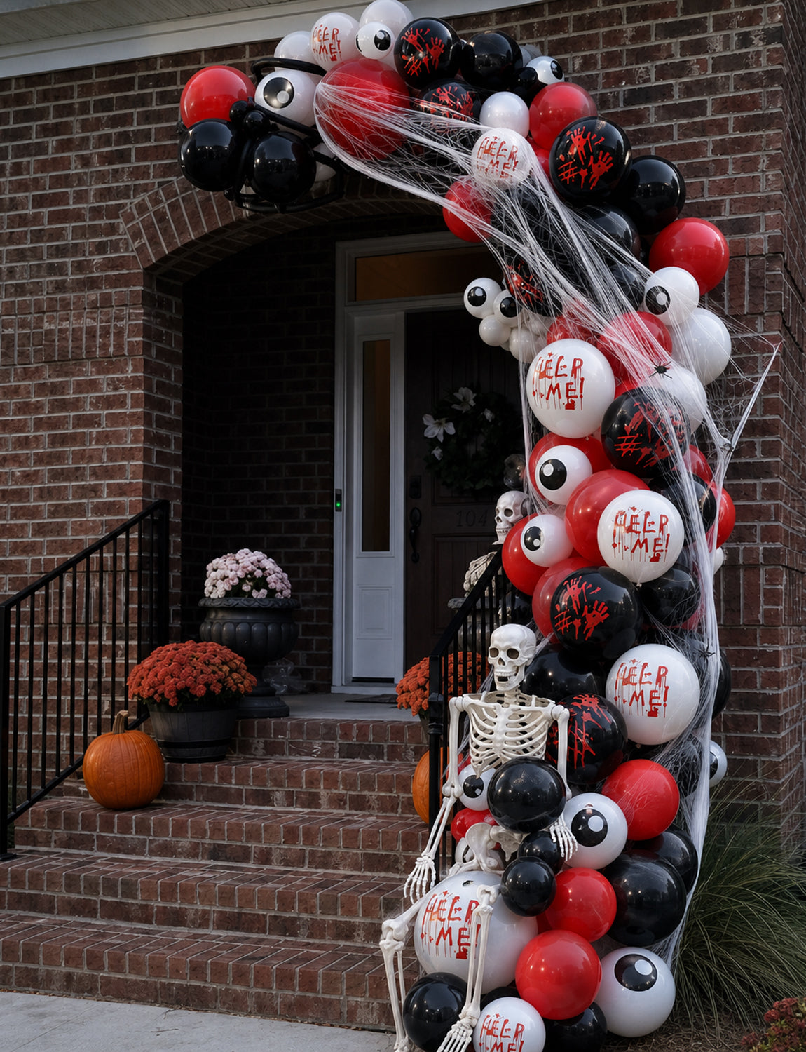 Halloween Balloon Garland Arch Kit, Bloody Black Red White Balloons 130 Pcs Halloween Balloon with Spider Web and 3D Bat Stickers for Horror Party, Haunted House, Birthday and Photo Booth Decor