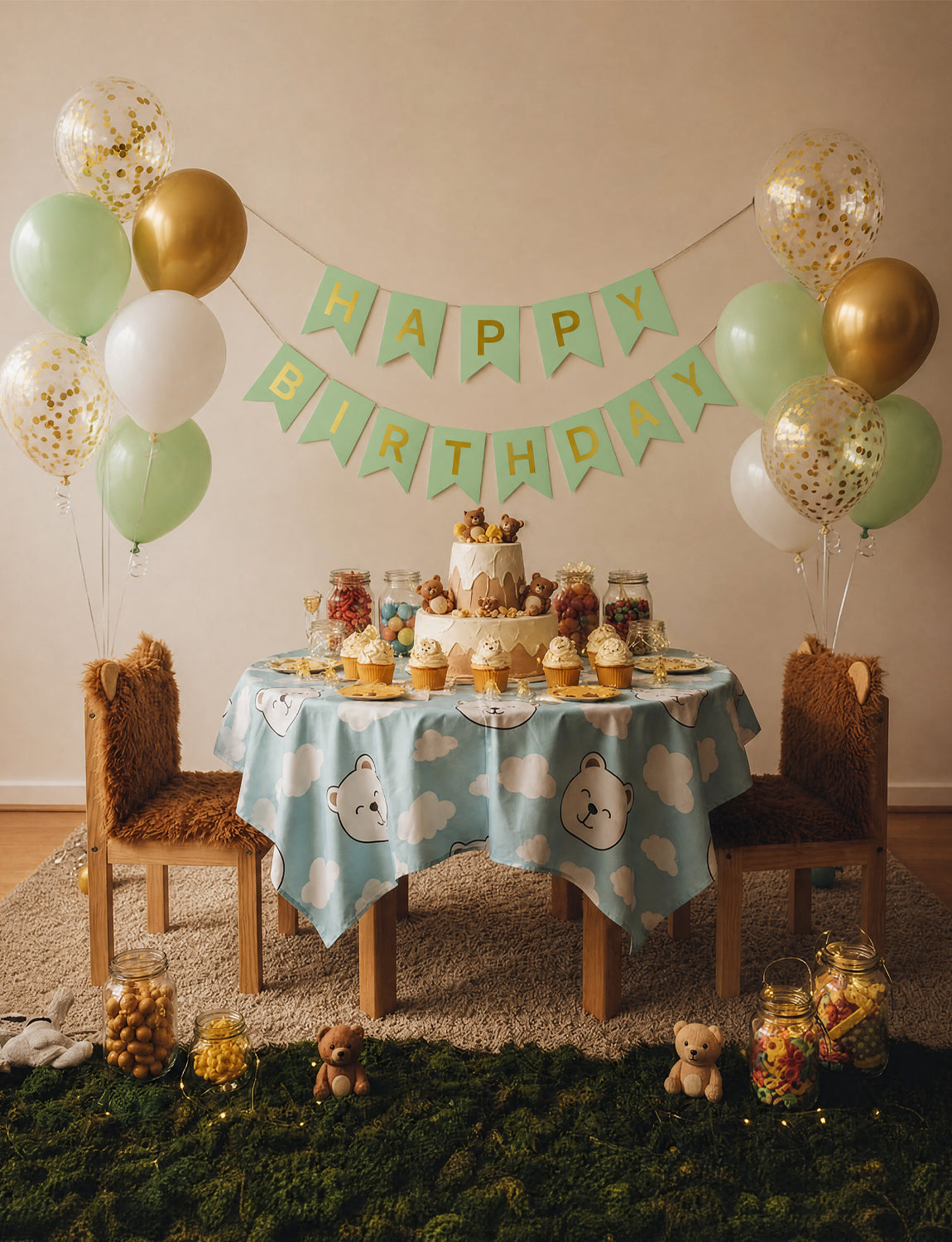 Green and Gold Happy Birthday Banner - Green Party Decorations with 12 Inch White and Gold Happy Birthday balloons Reusable Bunting Banner for Men Women Pet Happy Birth Party Decorations
