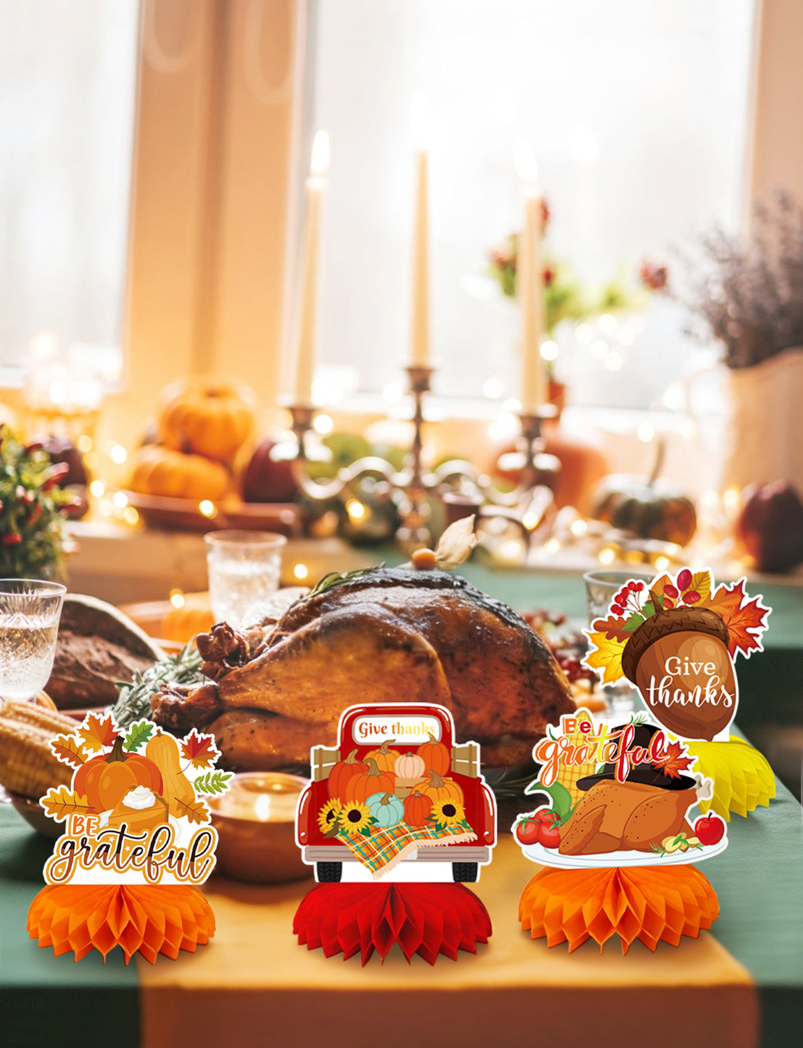 Thanksgiving Table Decorations, Fall Harvest Honeycomb Centerpieces | 9 Pcs Fall Table Decorations with Turkey and Pumpkin, Thanksgiving Centerpieces for Dinner Table, Home & Office Decorations