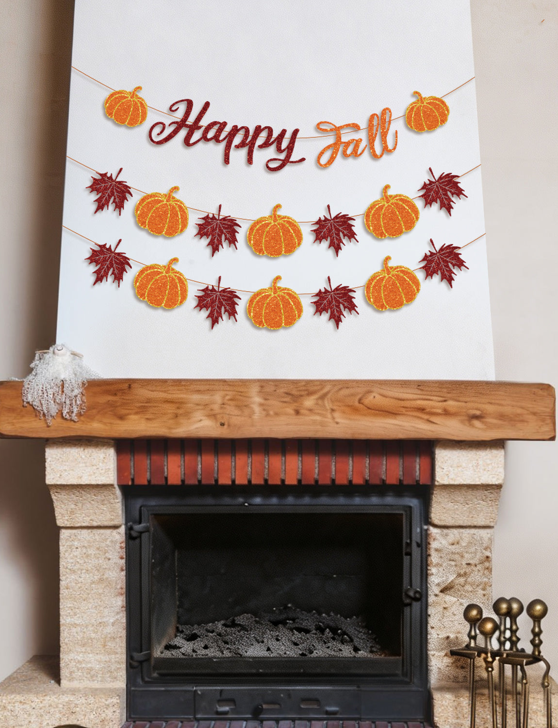 Happy Fall Banner, Fall Decorations with Pumpkin and Maple Leaves | 3-Piece Glitter Fall Banner Set, Thanksgiving Party Decorations for Home, Mantel, Wall, Office, Autumn Harvest Celebrations