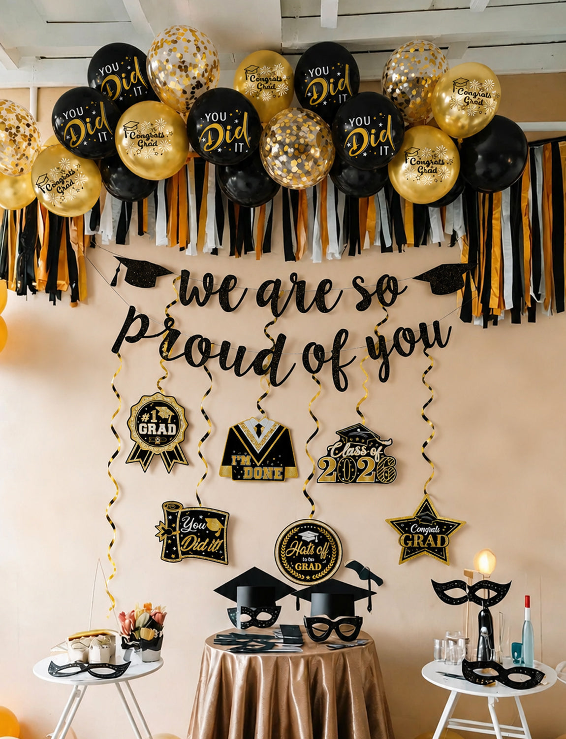 2026 Graduation Decorations - Graduation Party Decorations with We Are So Proud of You Banner Hanging Swirls, Black and Gold Print Balloons for Graduations Class of 2026 Leavers Party Supplies