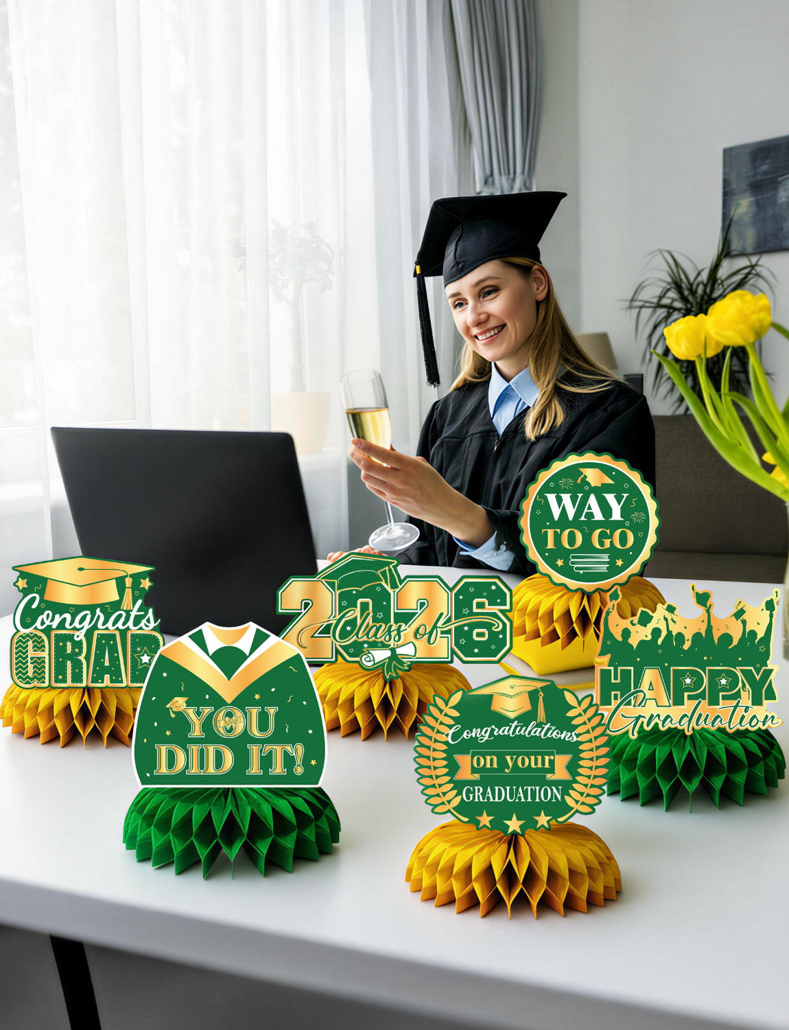 Graduation Table Decorations Class of 2026, 9Pcs Graduation Centerpieces for Tables Green Gold Honeycomb Centerpiece Congrats Grad Table Toppers Congratulate Decorations for Grad Party Supplies