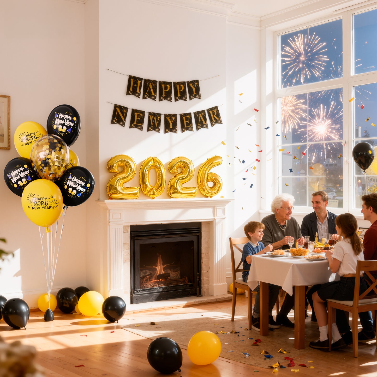 Adeyoo New Years Eve Decorations 2026 XXL Set - New Year Decorations with 2026 Giant Foil Balloons, Black and Gold Happy New Year Banner and Latex Confetti Balloons for Happy New Years Eve Party