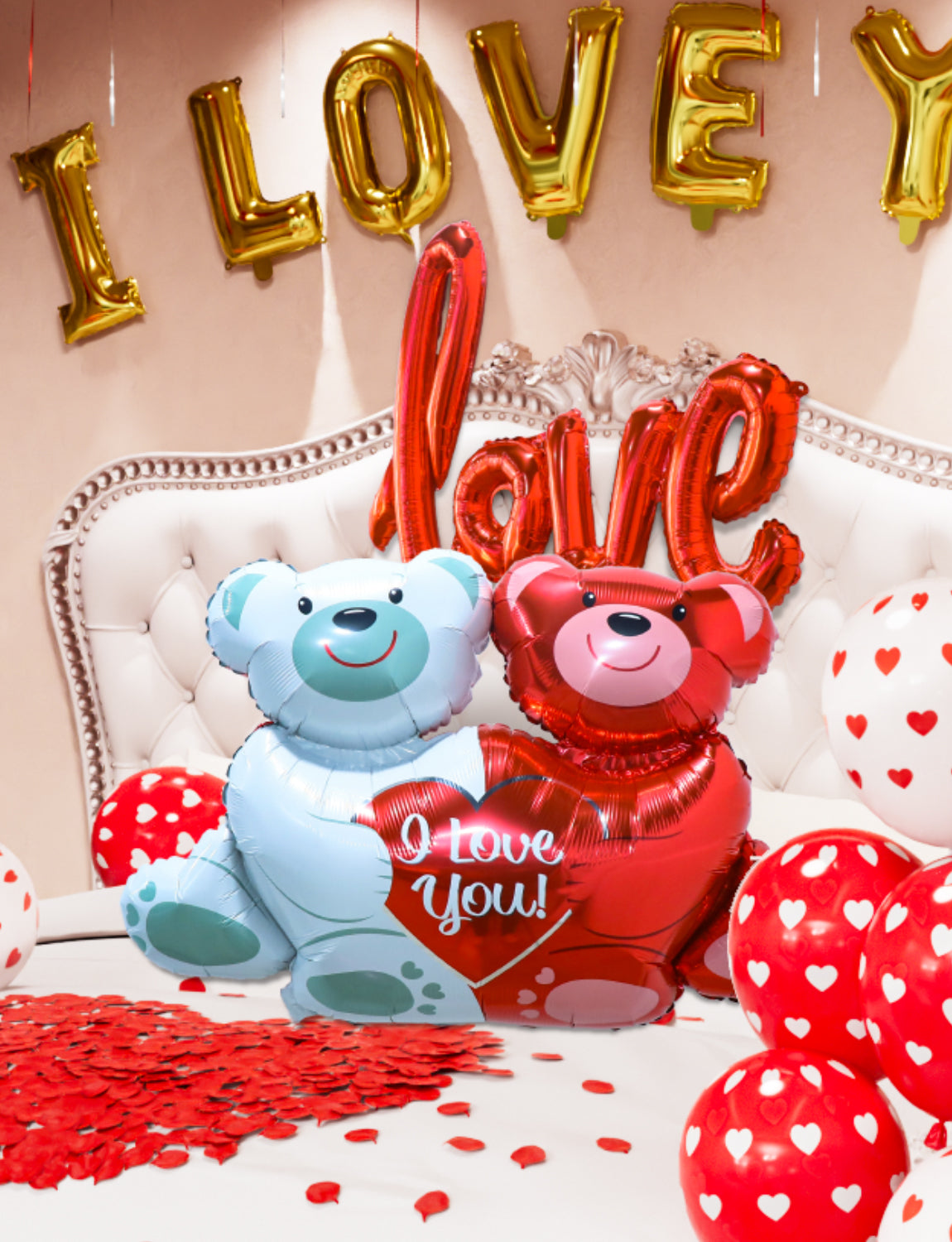 Adeyoo Valentines Day Balloons Decorations - I Love You and Heart Balloons with Love Bear Foil Balloon, Romantic 1000PCS Rose Petals for Valentines Anniversary Romantic Proposal Wedding Party Supplies