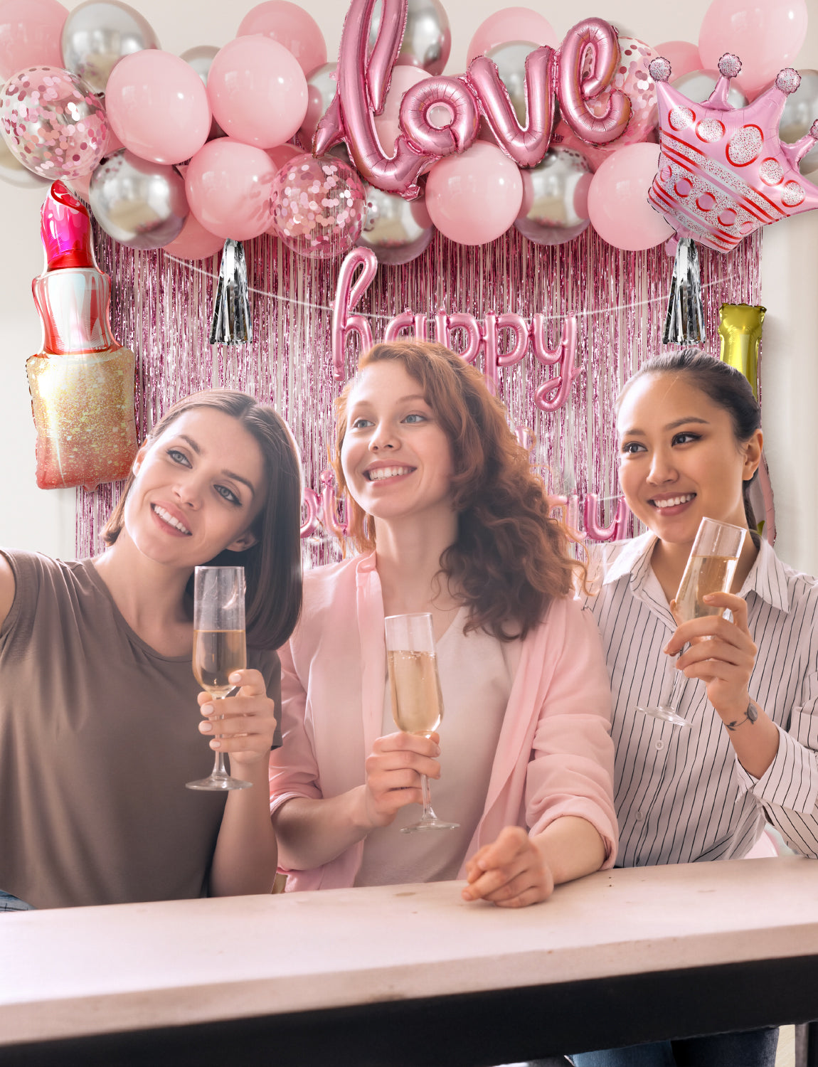 Pink Birthday Decorations for Girls and Women - Pink Party Decorations with Happy Birthday Balloons, Foil Fringe Curtain, Crown Champagne Lipstick Love Foil Balloons for Girls Princess Party Supplies