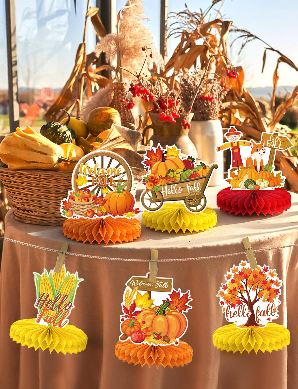 Fall Thanksgiving Table Decorations, Autumn Honeycomb Centerpieces | 9 Pcs 3D Fall Table Centerpieces, Pumpkin Centerpiece, Autumn Harvest Decoration for Thanksgiving Dinner, Home & Office Decor