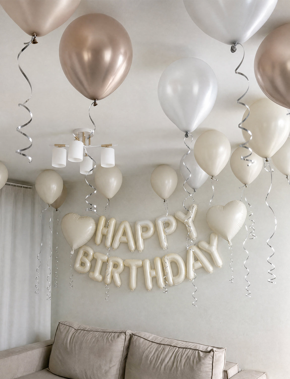 Cream Happy Birthday Balloons Banner - Big Beige Heart Foil Letter Balloon Banner with 12 Inch Metallic Pearl Sand White Balloons for Women Men Birthdays Boho Neutral Party Decorations