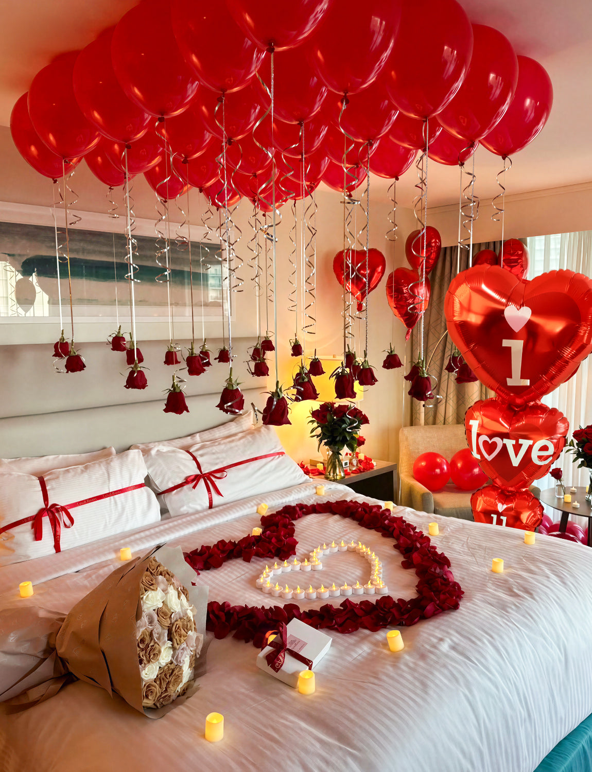 Adeyoo Anniversary Decorations - Valentines Day Decorations with Happy Anniversary Banner and Photo Banner, Red Heart Balloons I Love You Foil Balloons Rose Petals for Romantic Valentines Party