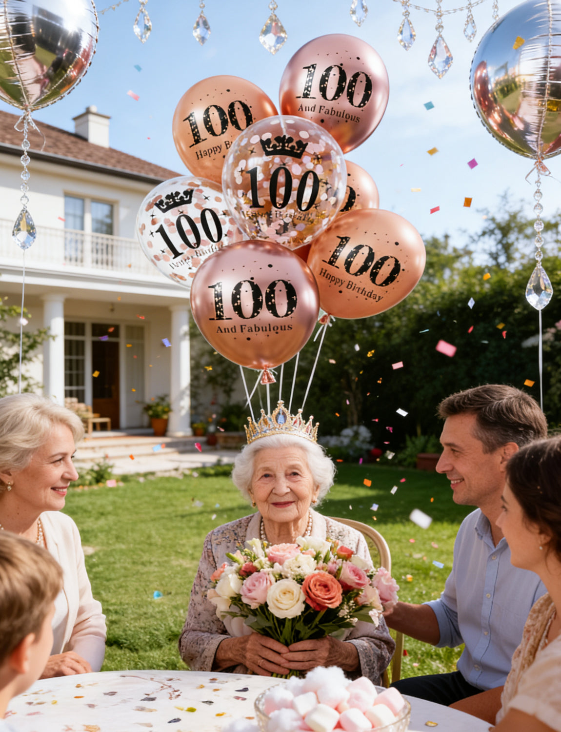 Adeyoo Rose Gold Birthday Balloons Decorations - 24 Pcs 100th Birthday Balloons for Women, Pearl Metallic Rose Gold Balloon, Glitter Confetti Balloon for 100 Years Old Hbd Anniversary Party Decoration