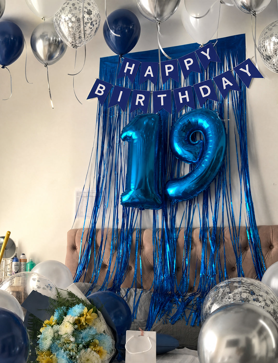 Navy Blue Birthday Banner - Blue Happy Birthday Banner with 12 Inch Navy White Silver Latex Confetti Balloons Reusable Bunting Banners for Girls Women Pet Happy Birth Party Decorations
