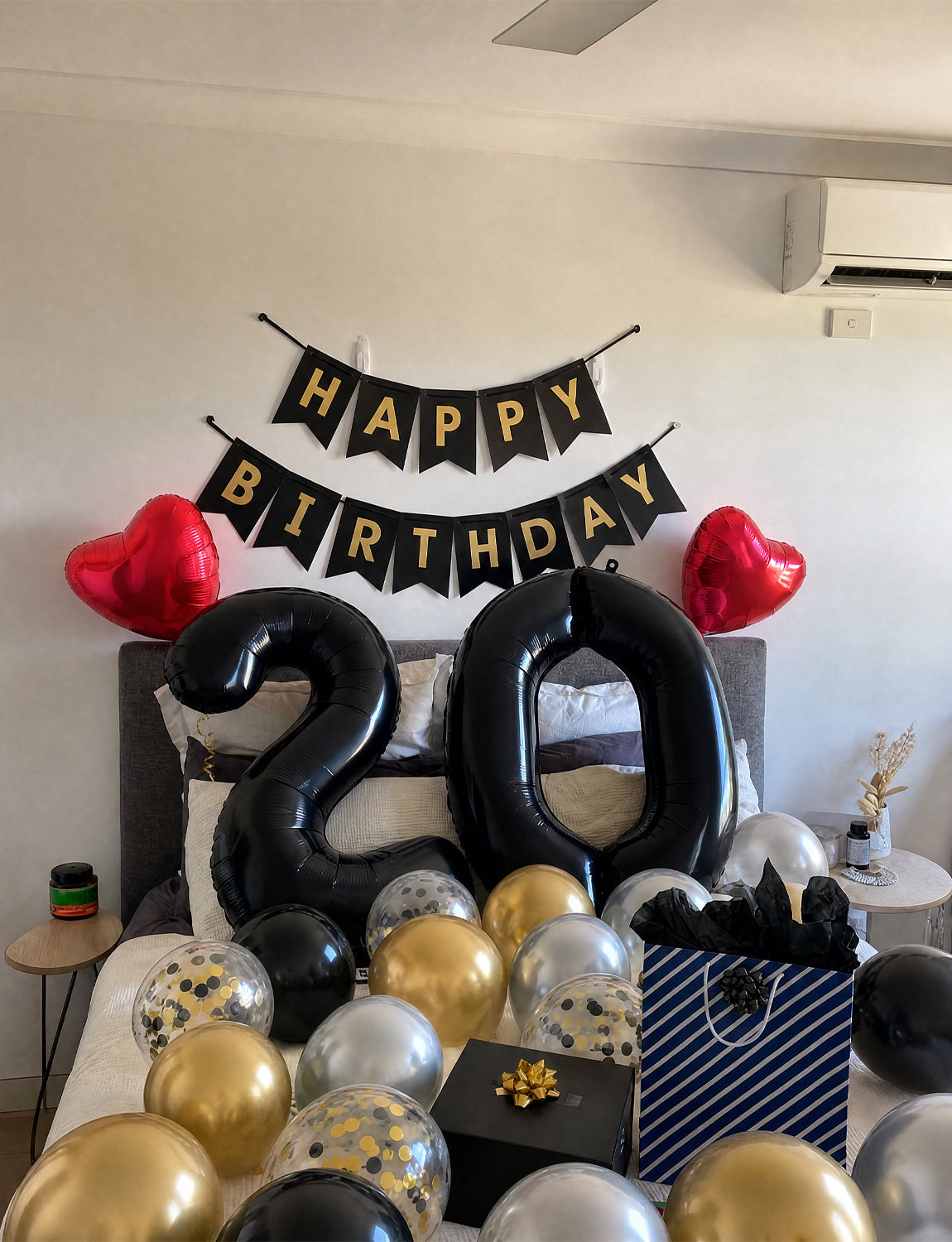 Black and Gold Happy Birthday Banner - Black and Gold Birthday Decorations with 12 Inch Latex Confetti Balloons Reusable Bunting Banner for Men Women Pet Happy Birth Party Decorations
