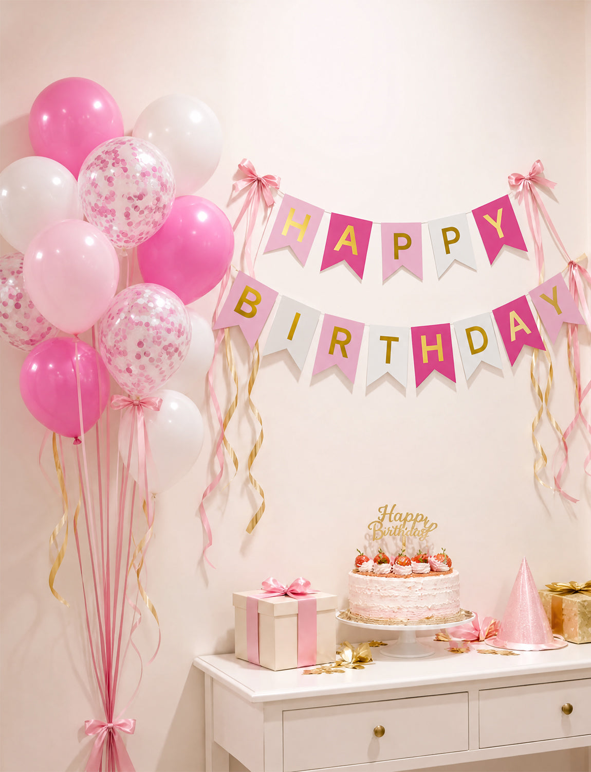 Pink Birthday Decorations - Happy Birthday Banner with 12 Inch Pink and White Latex Confetti Balloons Reusable Bunting Banner for Girls Women Pet Happy Birth Party Decorations