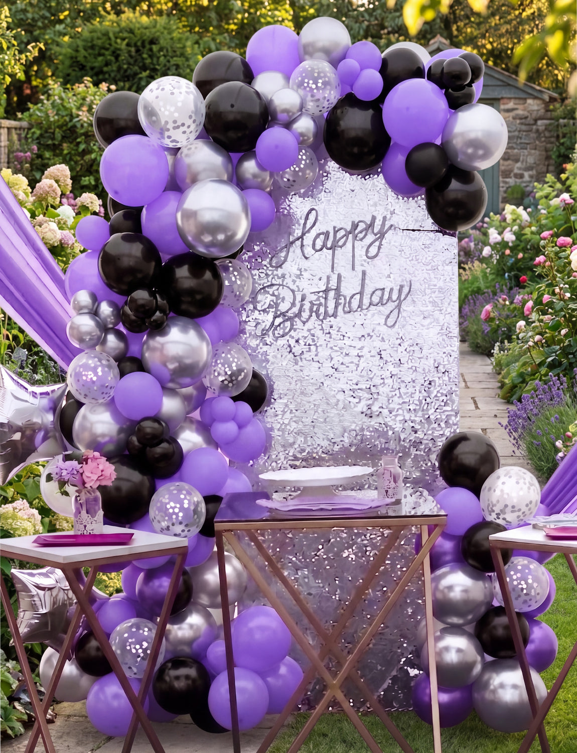 Purple and Black Balloon Garland Arch Kit with Star Foil Balloon 116Pcs Different Size Metallic Silver Balloon, Confetti Balloons for Halloween Graduation Birthday Party Decorations