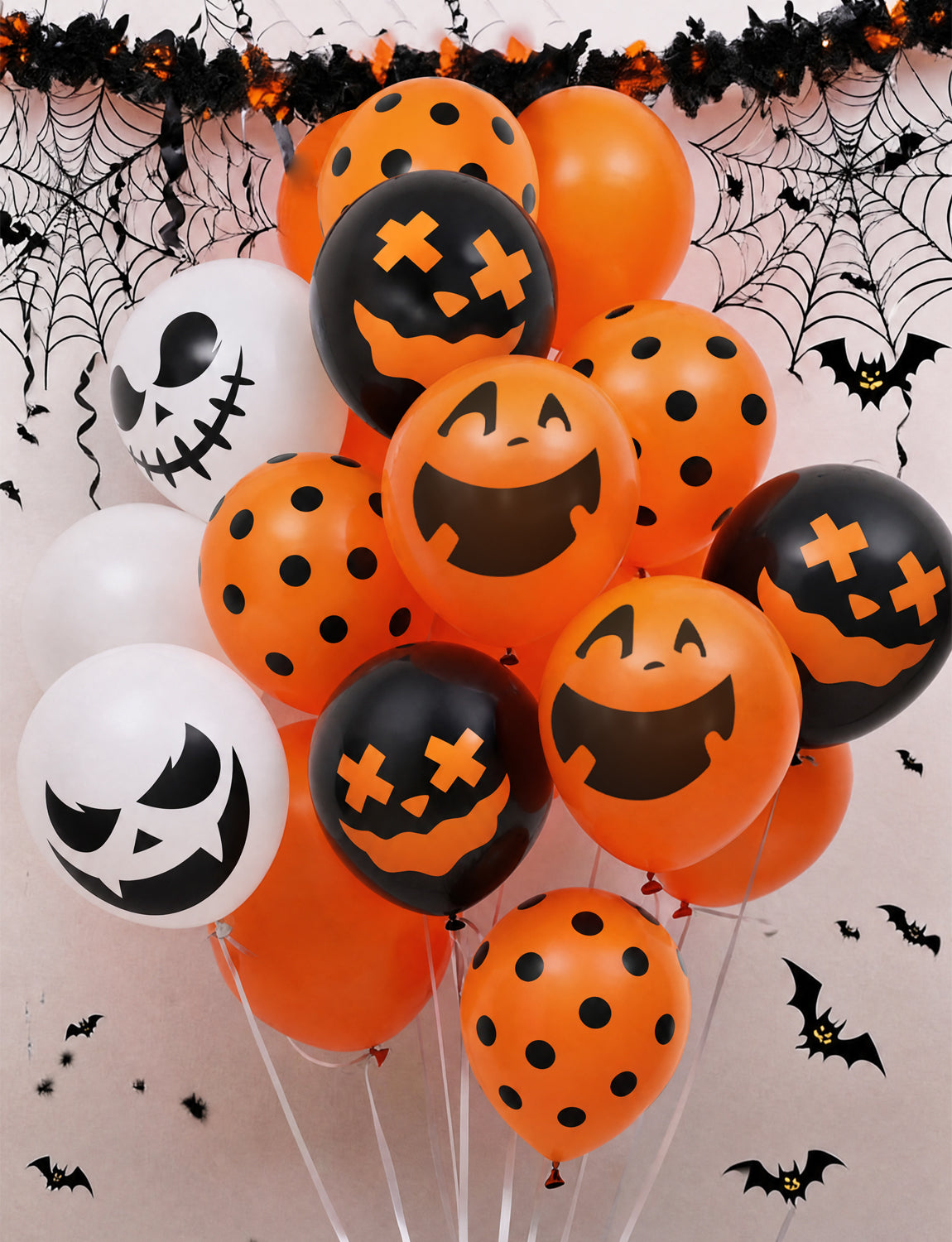 Halloween Party Balloons, 50 Pcs 12 Inch Orange Black White Balloons 5 Styles Halloween Printed Balloons, Ghost, Pumpkin and Skull Balloons, Spooky Latex Balloons for Birthday Party Decorations