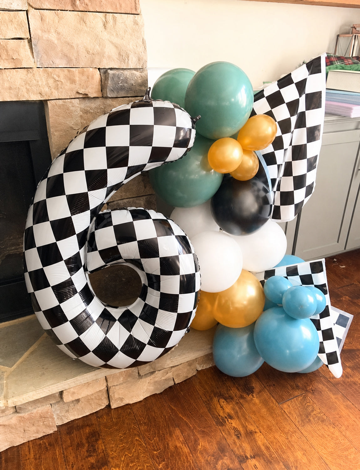 40 Inch Checkered Number 6 Balloon for Racing Birthday Decorations Large Number 6 Balloon, Black and White Foil Balloon for Birthday, Baby Shower, Race Car and Checkered Flag Party Decorations