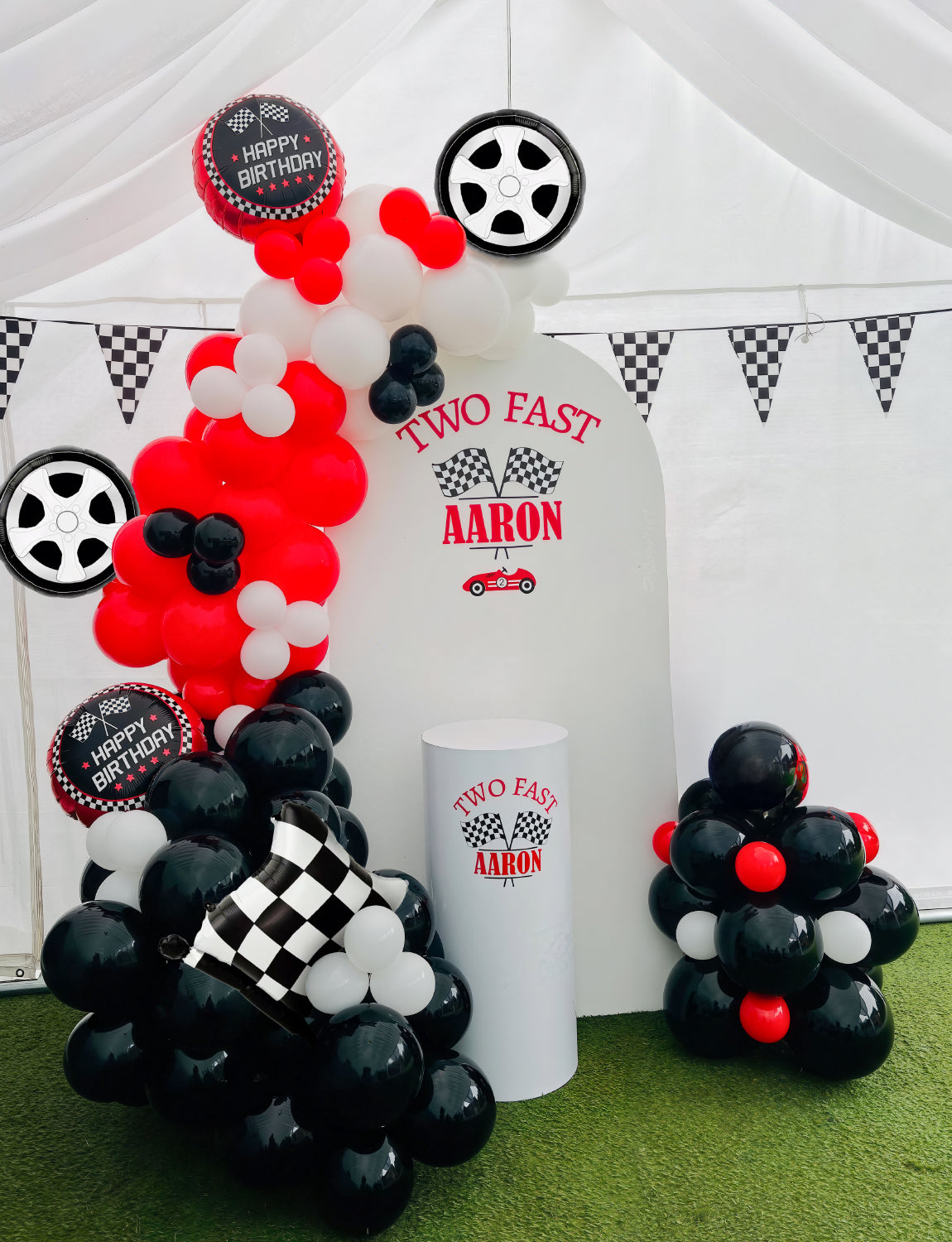 Adeyoo Race Car Balloons Arch Garland Kit - 102Pcs Red Black Silver Balloon Arch with Checkered Wheels Race Car Foil Balloons for Racing Themed Birthday Baby Shower Party Decorations