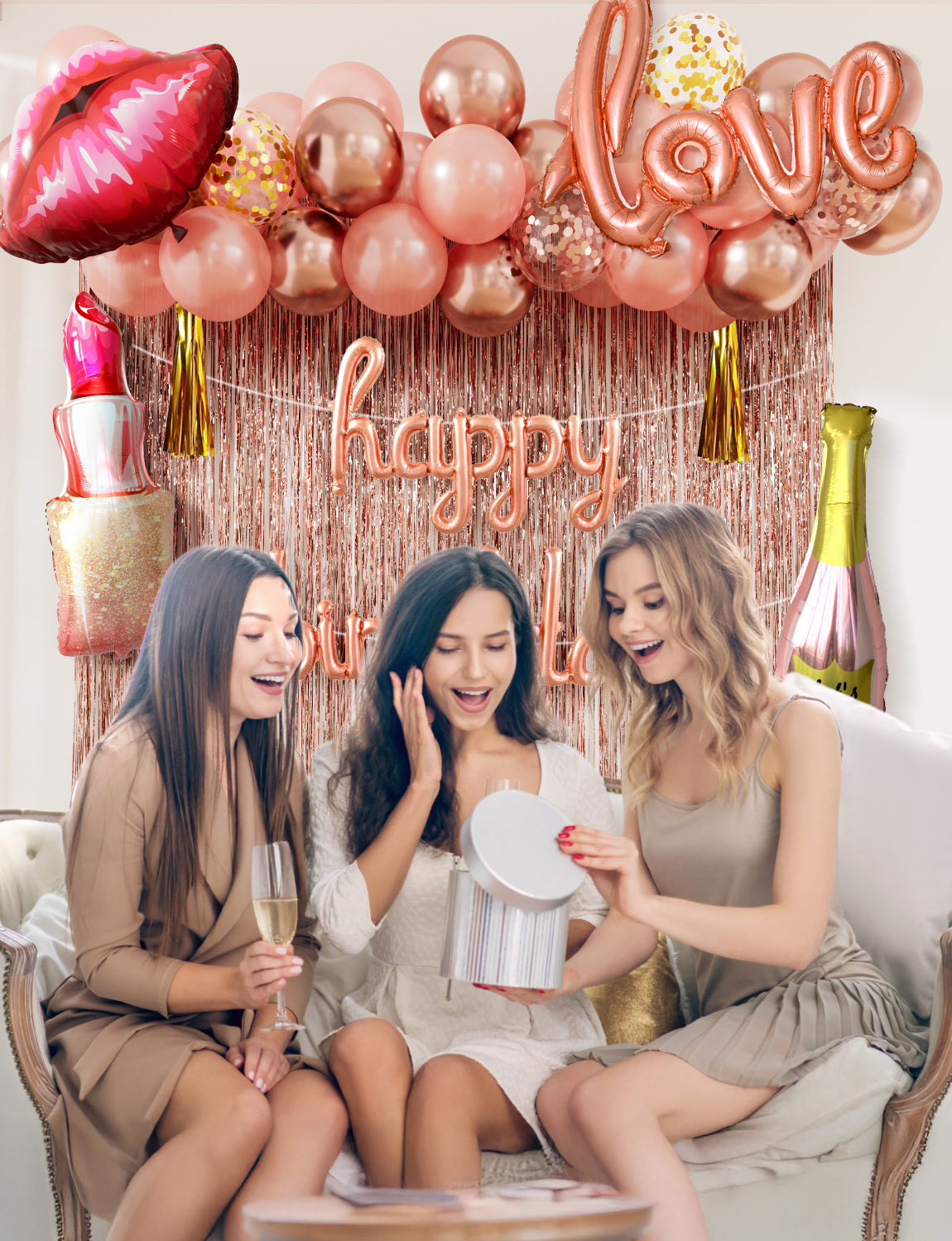 Adeyoo Rose Gold Birthday Decoration for Women Girls - Rose Gold Party Decorations with Happy Birthday Balloons, Foil Curtain, lips Champagne Lipstick Love Foil Balloons for Women Girls Party Supplies