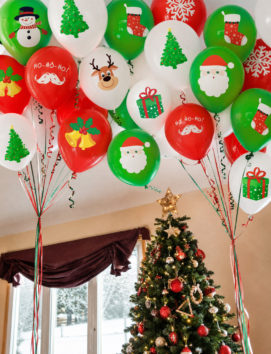 Christmas Balloons, 50 Pcs 12 Inch Christmas Print Balloon, 9 Styles Christmas Party Balloons, Red Green White Latex Balloons, Christmas Decorations for Xmas Winter Wonderland Birthday Parties
