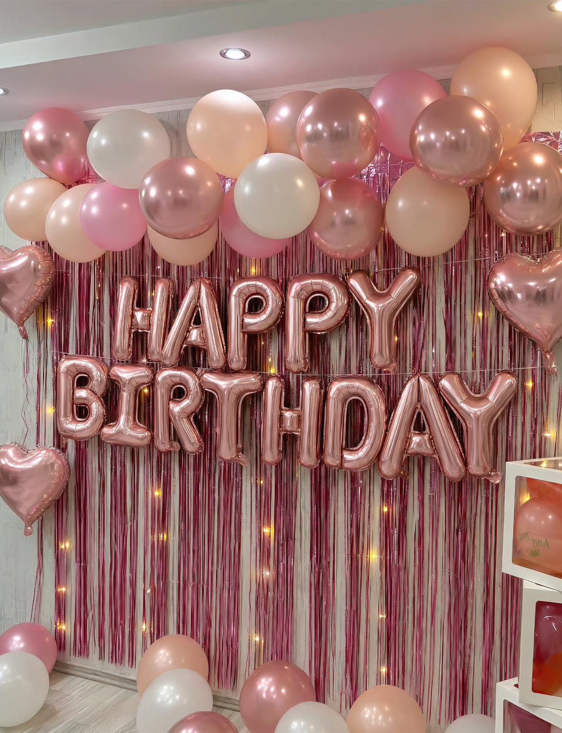 Rose Gold Happy Birthday Balloon Banner - Rose Gold Birthday Decorations with Dusty Pink Nude Sand White Latex Balloons, Heart Foil Balloons for Women Girls Birthdays Party Decorations