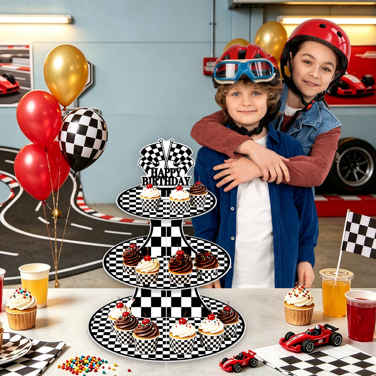3 Tier Race Car Cupcake Stand for Car Themed Birthday Decorations Racing Cupcake Holder, Black White Cardboard Cupcake Stand with "Happy Birthday" , Race Car Birthday Decorations