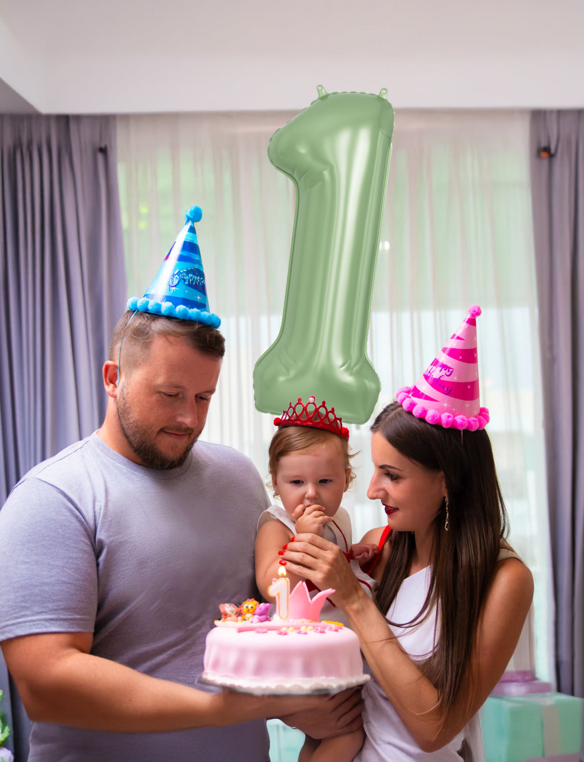 Adeyoo Sage Green Number 1 Balloon - 40 Inch Large Green Number Balloons, Self Inflating Foil Birthday Balloons Digital 0-9 for Birthday Baby Shower Jungle Safari Anniversary Party Decorations