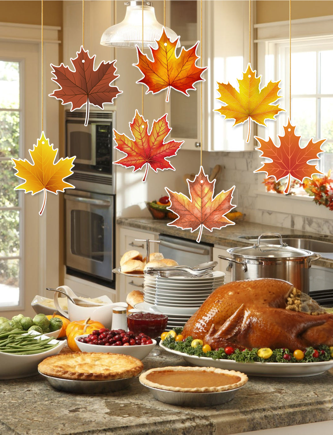 Fall Thanksgiving Hanging Decorations, Maple Leaf Ceiling Hanging Decor | 8 Pcs Hanging Fall Leaves with String, Rustic Autumn Leaves Decor for Home, Classroom, Office, Harvest Party Decorations