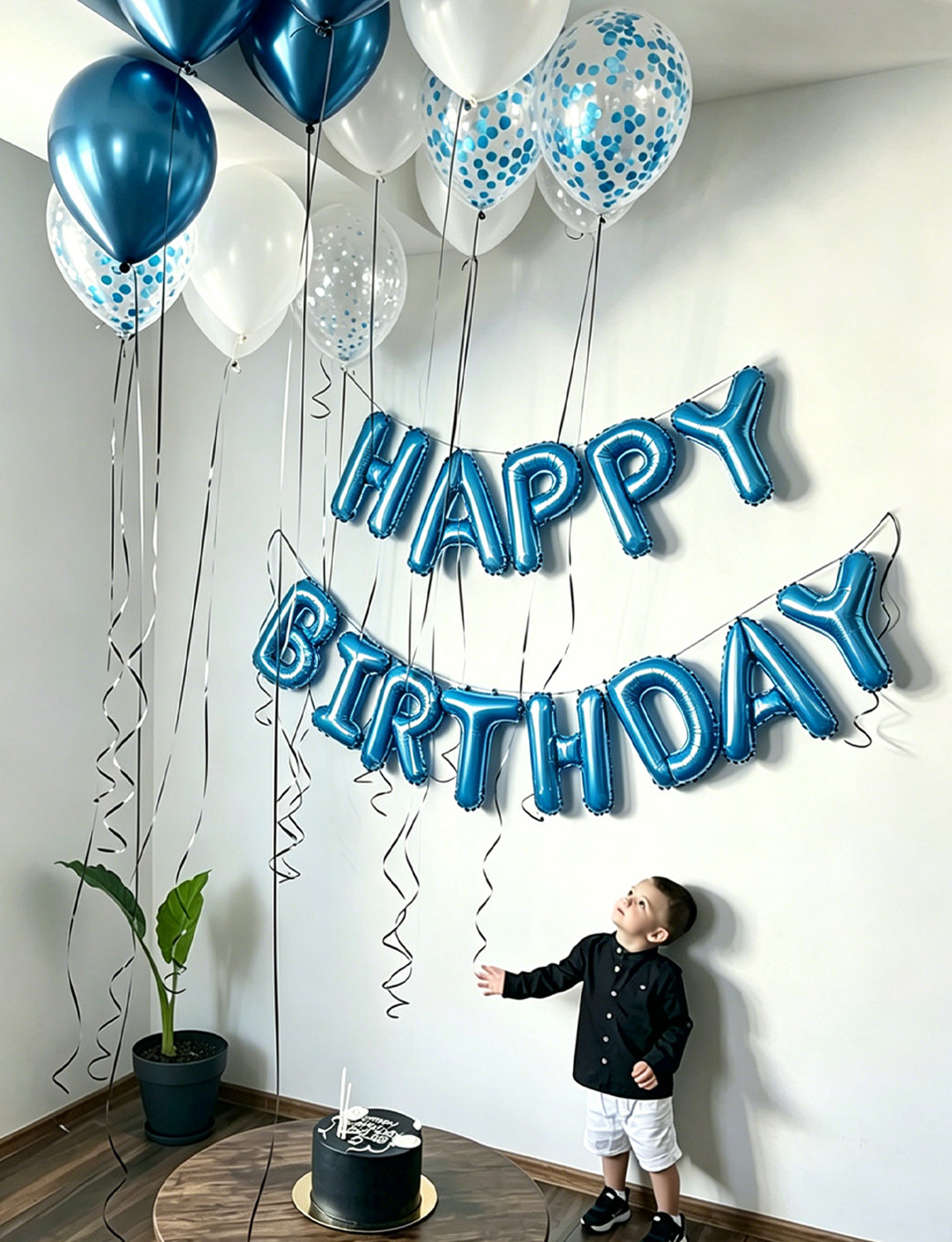 Happy Birthday Decorations - Blue Happy Birthday Balloons with Metallic Blue and White Latex Confetti Balloons, Silver Foil Star Balloons for Men Boys Pet Birthdays Party Decorations