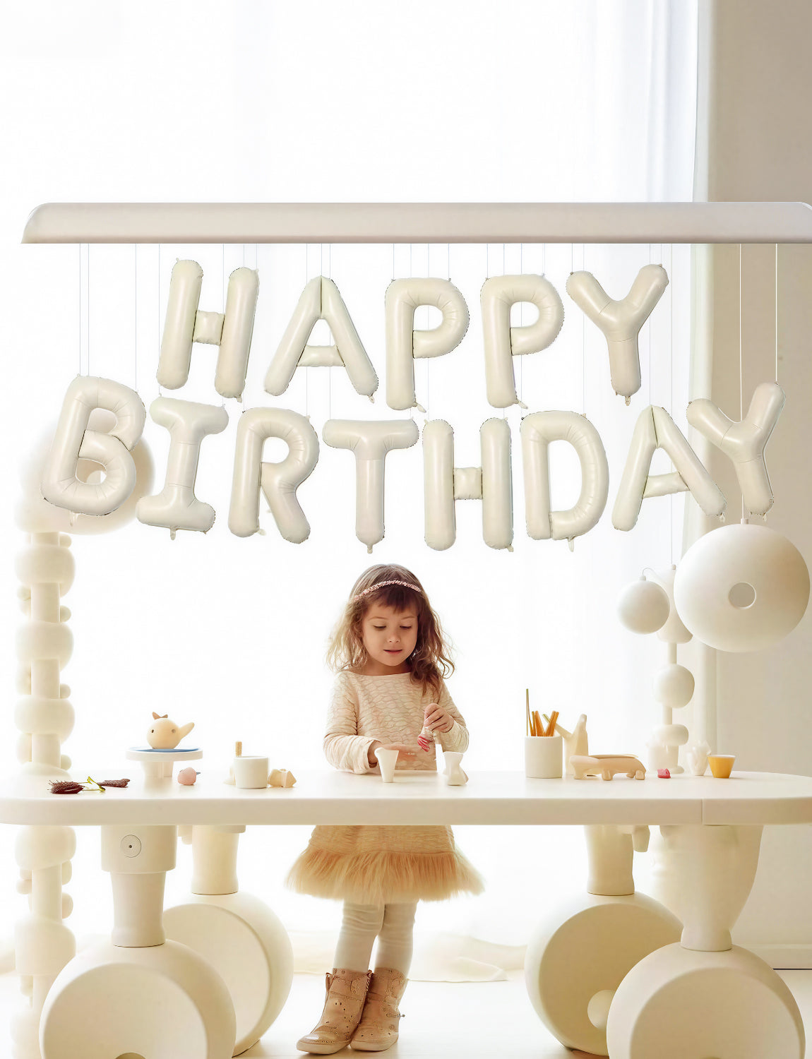 Adeyoo Cream Happy Birthday Balloons Banner - 16 Inch Cream Beige Neutral Foil Balloon Big Sand White Letter Balloons, Self Inflating Balloon for Girls Women Boys Men Birthday Party Decorations