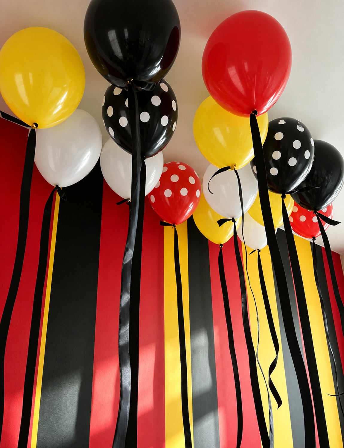 Red Black Yellow Balloon Garland Arch Kit for Birthday Party Decor 144 Pcs Different Size Latex Balloons, Polka Dots and star foil Balloon for Cartoon Mouse Theme Baby Shower Anniversary Party