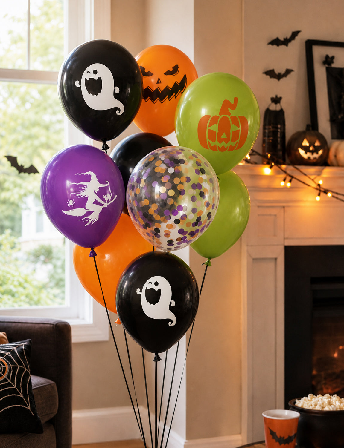 Halloween Balloons, 50 Pcs 12 Inch Black Orange Purple Green Balloon Halloween Latex Balloons with Confetti, Witch Pumpkin Ghost Print Balloons, Halloween Decorations for Spooky Birthday Party