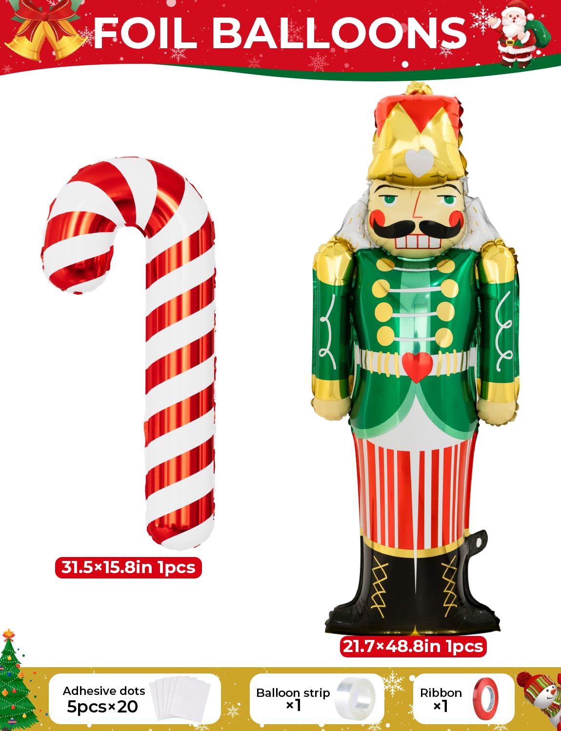 Christmas Balloon Arch Kit Garland - Red Green Gold Christma Balloons with Nutcracker Candy Cane Exploding Star Foil Balloons Xmas Balloon for Xmas Birthday New Year Party Decorations