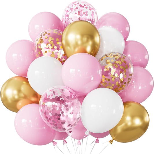 Adeyoo Pink and Gold Balloons Set - 12 Inch Light Pink White Balloons Shiny Metallic Gold Balloon Glitter Confetti Latex Balloon for Girl Women Princess Baby Shower Birthday Wedding Party Decorations