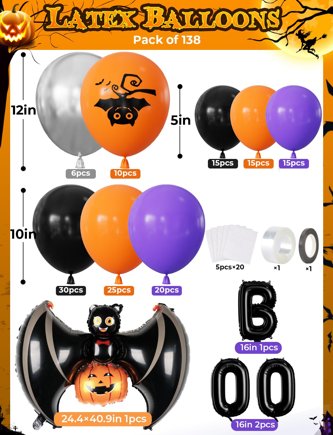 Adeyoo Halloween Balloon Garland Arch Kit - 138 Pcs Halloween Party Balloons with Black Orange Purple, Pumpkin, Bat, Boo Balloon Metallic Silver Balloons for Birthday Horror Party Decorations