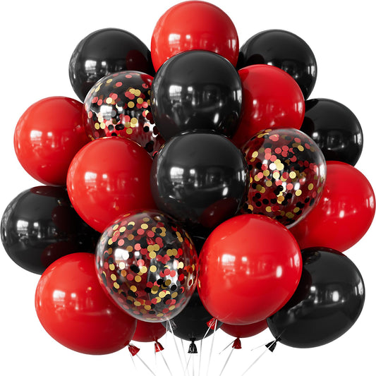 Adeyoo Red and Black Balloons - 12 Inch Red Black Latex Balloons Glitter Confetti Balloon Party Balloon for Racing Car Poker Card Casino Party Decorations, Birthday Wedding Party Supplies