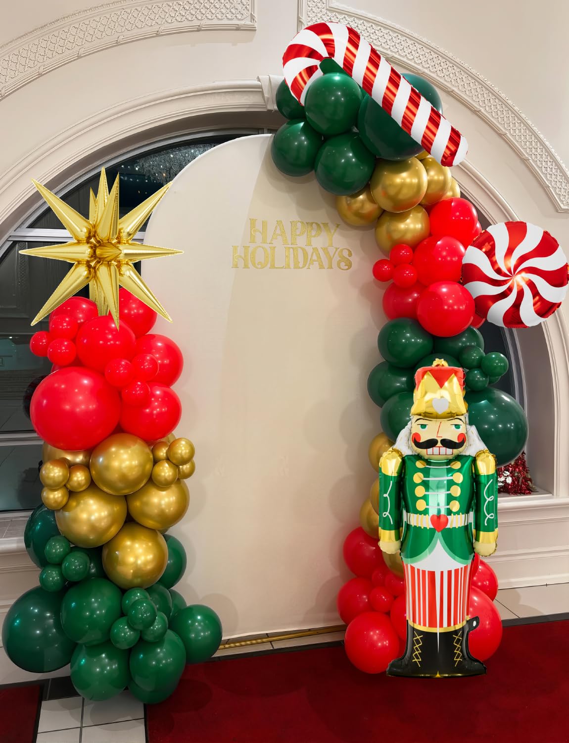 Christmas Balloon Arch Kit Garland - Red Green Gold Christma Balloons with Nutcracker Candy Cane Exploding Star Foil Balloons Xmas Balloon for Xmas Birthday New Year Party Decorations