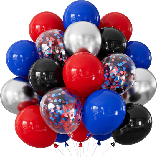 Adeyoo Black Red and Blue Balloons - 12 Inch Red Black Balloons Royal Blue Latex Balloon Glitter Metallic Silver Confetti Balloon for Man Boys Birthday Baby Shower Spider Theme Party Decoration, 50Pcs
