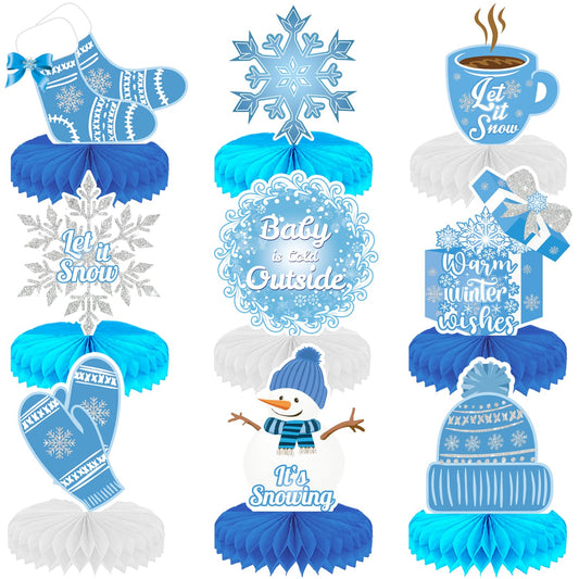 Winter Centerpieces for Table - 9Pcs Snowflake Table Decorations, Let It Snow Party Decorations Snowflake Snowman Honeycomb Centerpieces for Christmas Winter Wonderland Birthday Party Supplies