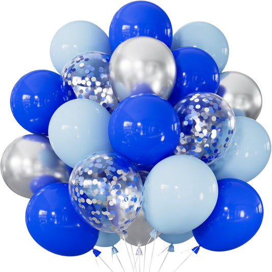 Adeyoo Royal Blue and Silver Balloons - Pastel Royal Blue Balloons Set Metallic Silver Balloon Glitter Silver Confetti Latex Balloon for Birthday Baby Showers Wedding Nautical Party Decorations