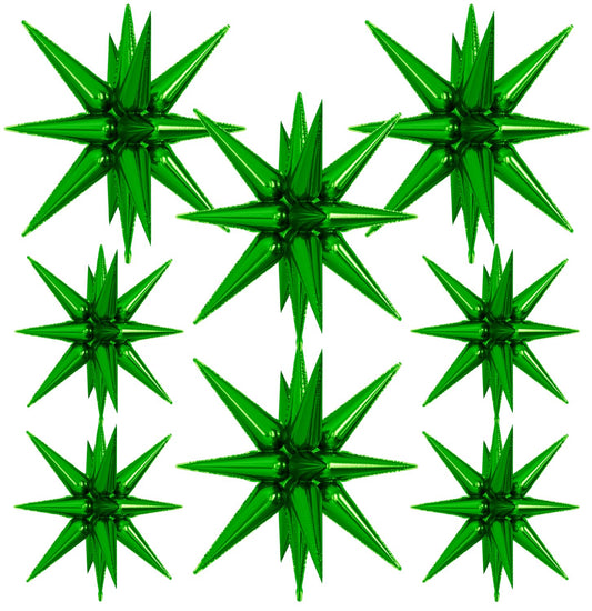 Adeyoo Green Star Balloons - 8 Pcs Green Foil Balloons Magic One-Piece 14-Pointed Mylar Spike Balloon 4D Starburst Balloon for Birthday Wedding Christmas Safari Jungle Party Decorations, Backdrops