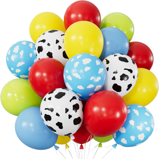 Adeyoo Red Yellow Blue Balloons 12 Inch Red Yellow and Blue Balloons with Sky Blue, Lime Green, Cloud Cow Print Balloon Colorful Latex Balloon for Birthday Baby Shower Farm Themed Party Decorations