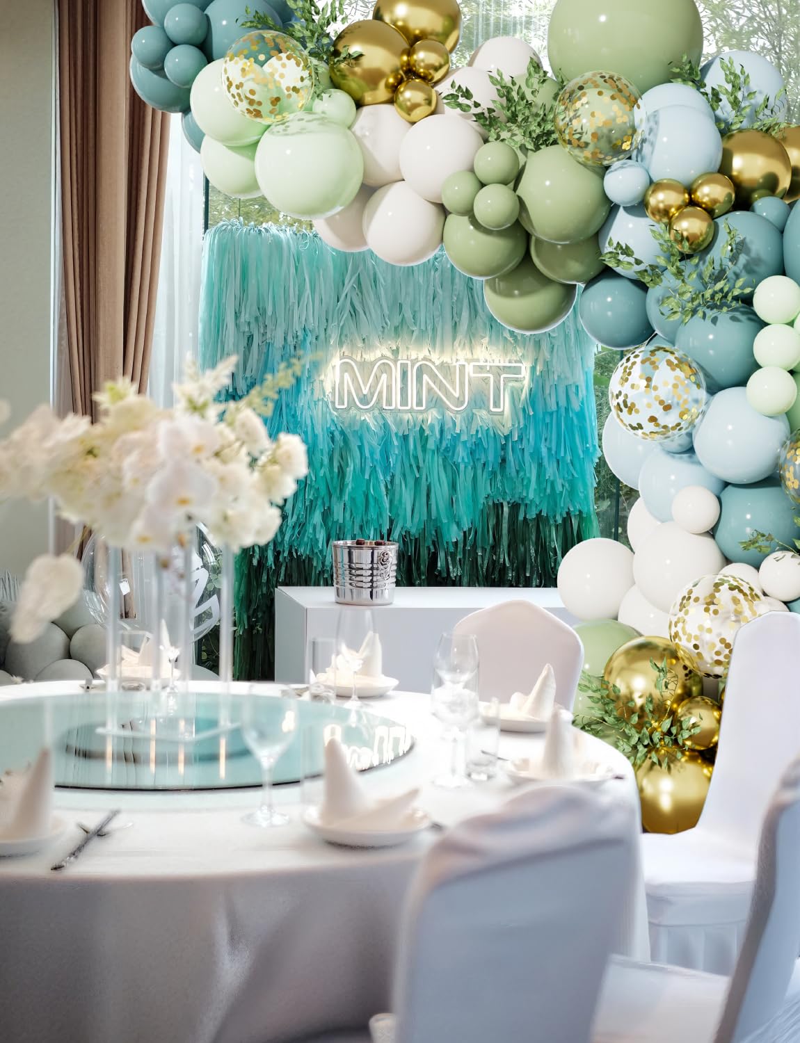 Adeyoo Dusty Blue Green Balloon Garland Arch Kit - Ash Mist Green Balloons Haze Fog Blue Balloons Sand White Gold Latex Balloon for Baby Shower Jungle Safari Woodland Birthday Party Decorations
