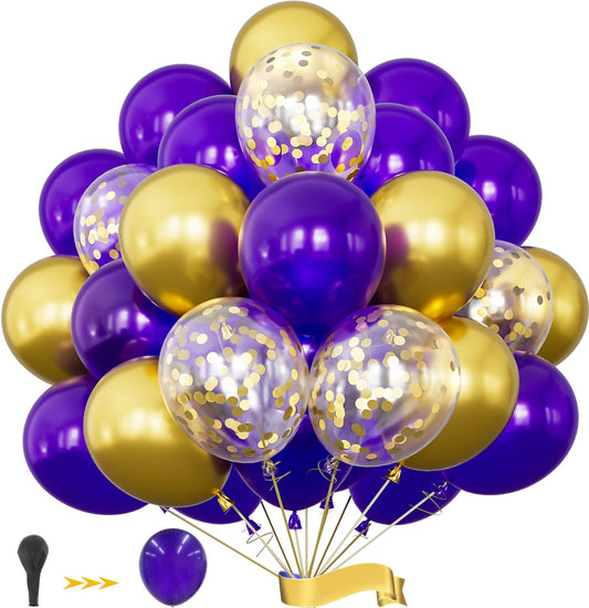 Adeyoo Purple and Gold Balloons, 12 Inch 50 Pcs Dark Purple Balloons Gold Metallic Balloon Glitter Confetti Balloon for Birthday Wedding Graduation Engagement Hen Party Decorations