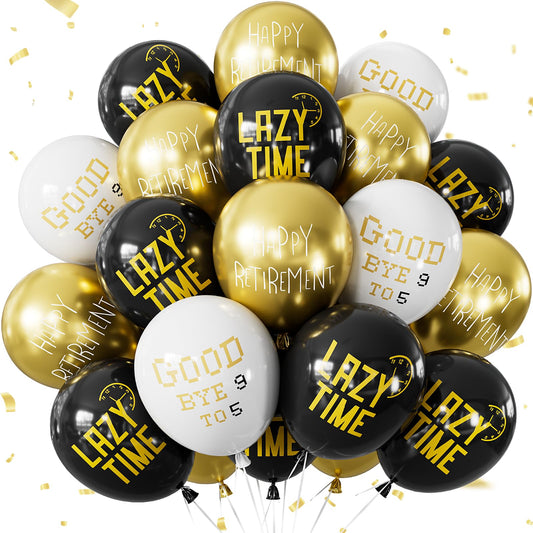 Adeyoo Retirement Balloons - 12 Inch Black Gold and White Balloons Funny Happy Retirement Decorations Print Latex Balloon for Men Women Coworkers Goodbye Farewell Party Supplies, Indoor Outdoor