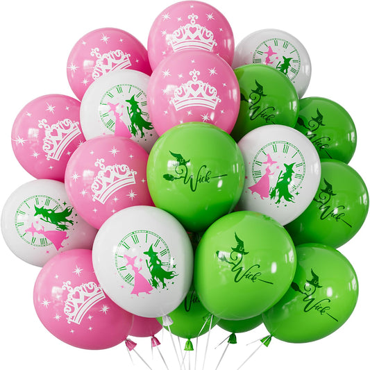 Adeyoo Pink and Green Balloons- Witch Themed Balloons 12 Inch Print Latex Balloon Set with White Balloon Witch Birthday Party Decorations for Princess Baby Shower Fairy Jungle Wedding Party Supplies