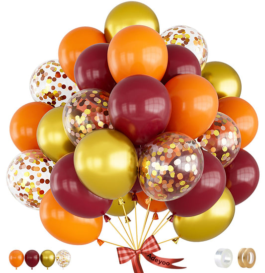 Adeyoo Fall Balloons,12 Inch Thanksgiving Balloons Set Burgundy Orange Metallic Gold Balloon Fall Color Confetti Balloon for Autumn Thanksgiving Birthday Baby Shower Party Decorations, 50Pcs
