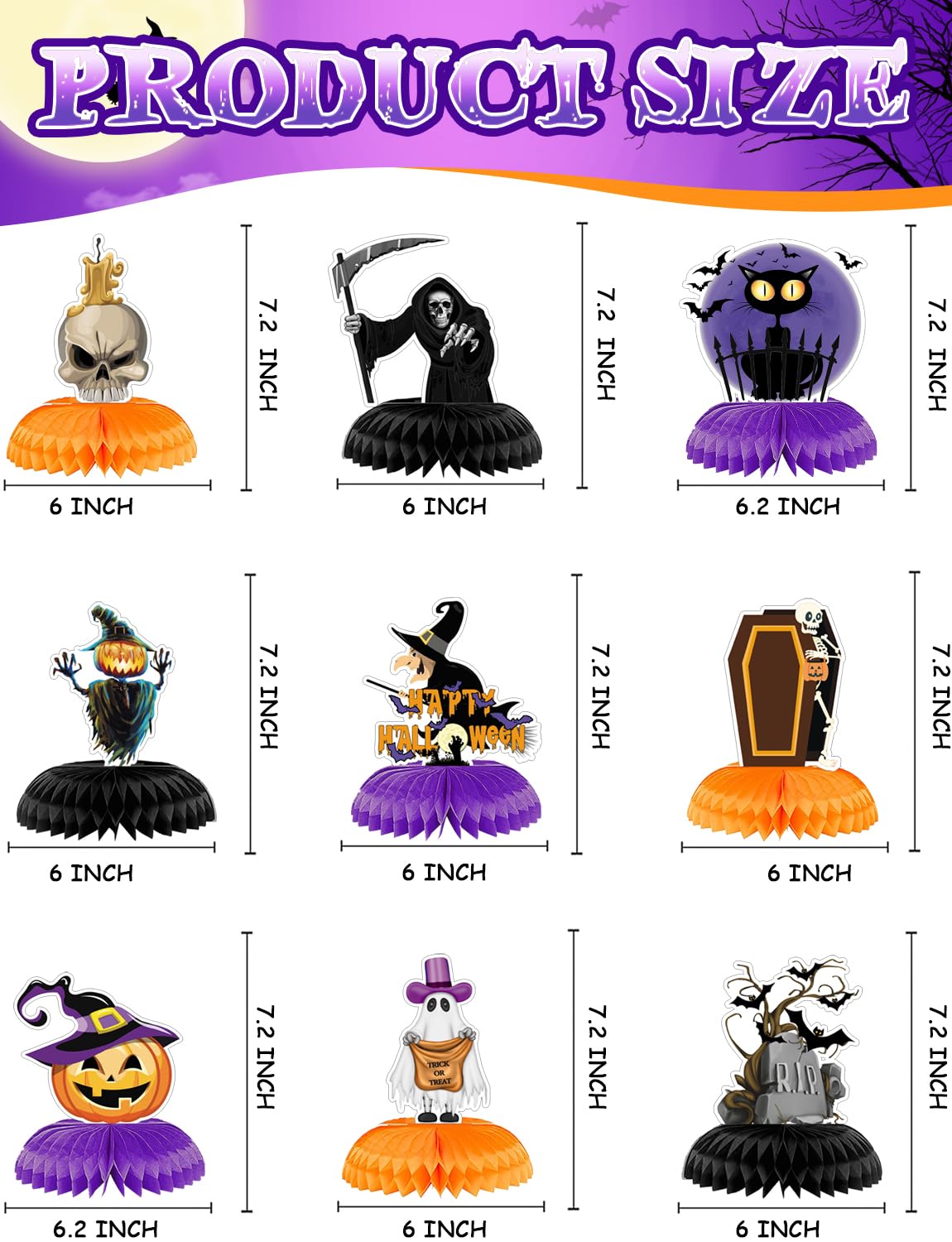 Adeyoo Halloween Table Decorations - 9Pcs Halloween Centerpieces for Tables Black Orange Honeycomb Centerpieces Pumpkin Ghost Witch Cat Table Topper for Spooky Birthday Party Supplies