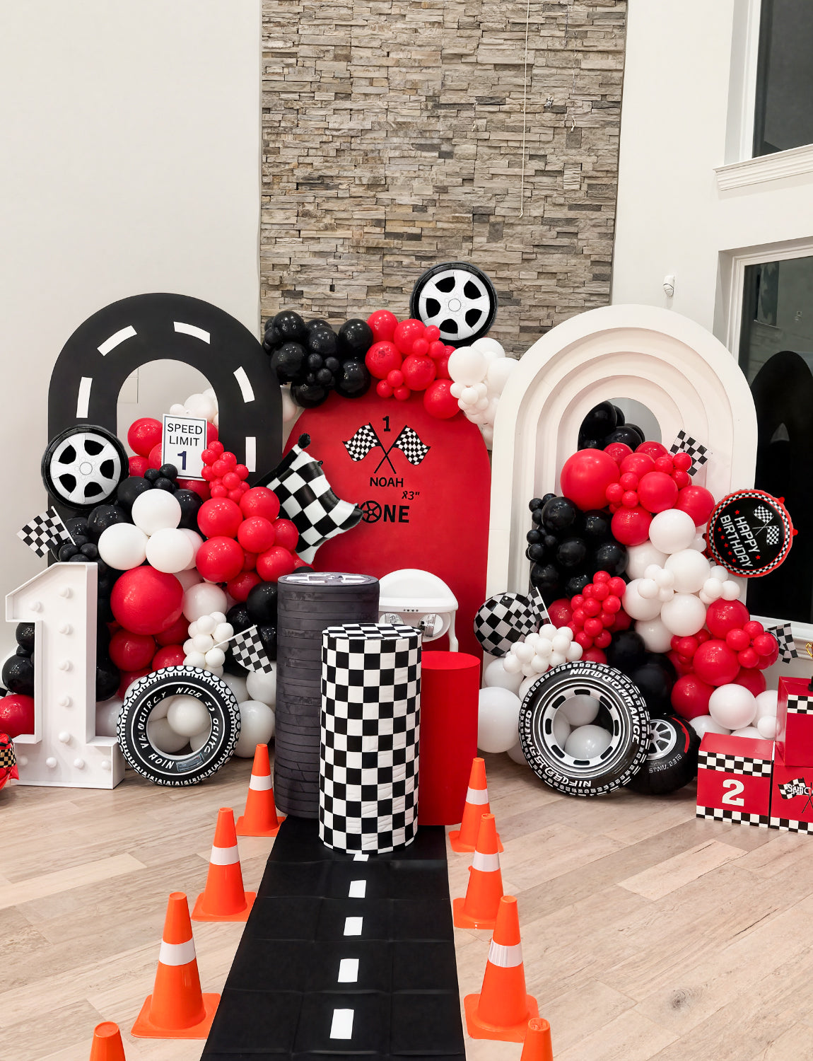 Adeyoo Race Car Balloons Arch Garland Kit - 102Pcs Red Black Silver Balloon Arch with Checkered Wheels Race Car Foil Balloons for Racing Themed Birthday Baby Shower Party Decorations