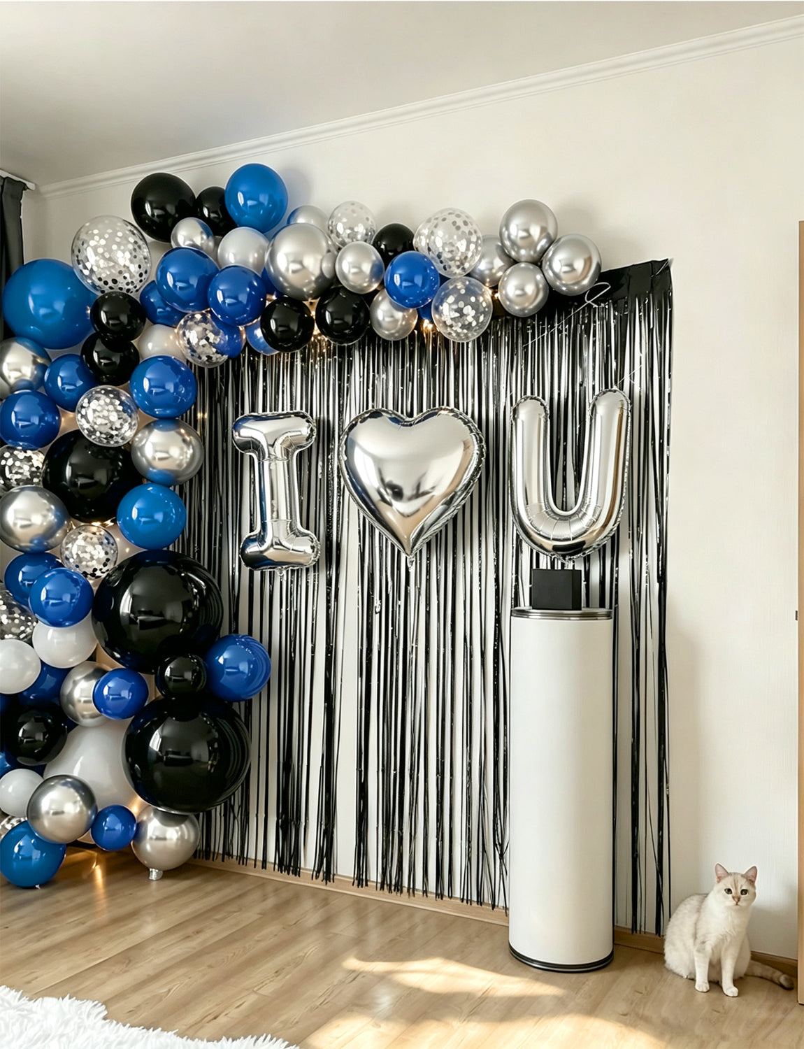 Blue and Black Proposal Decorations Kit - I Love You Balloons with Blue Black Silver Latex Confetti Balloons Heart Foil Balloons, 600Pcs Rose Petals Romantic Decoration Kit for Him/Her